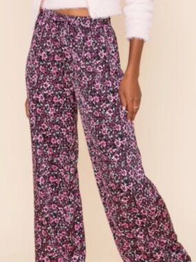 MI Ami Women’s Wide Leg Pants Floral Size S Elastic Waist Pink Black